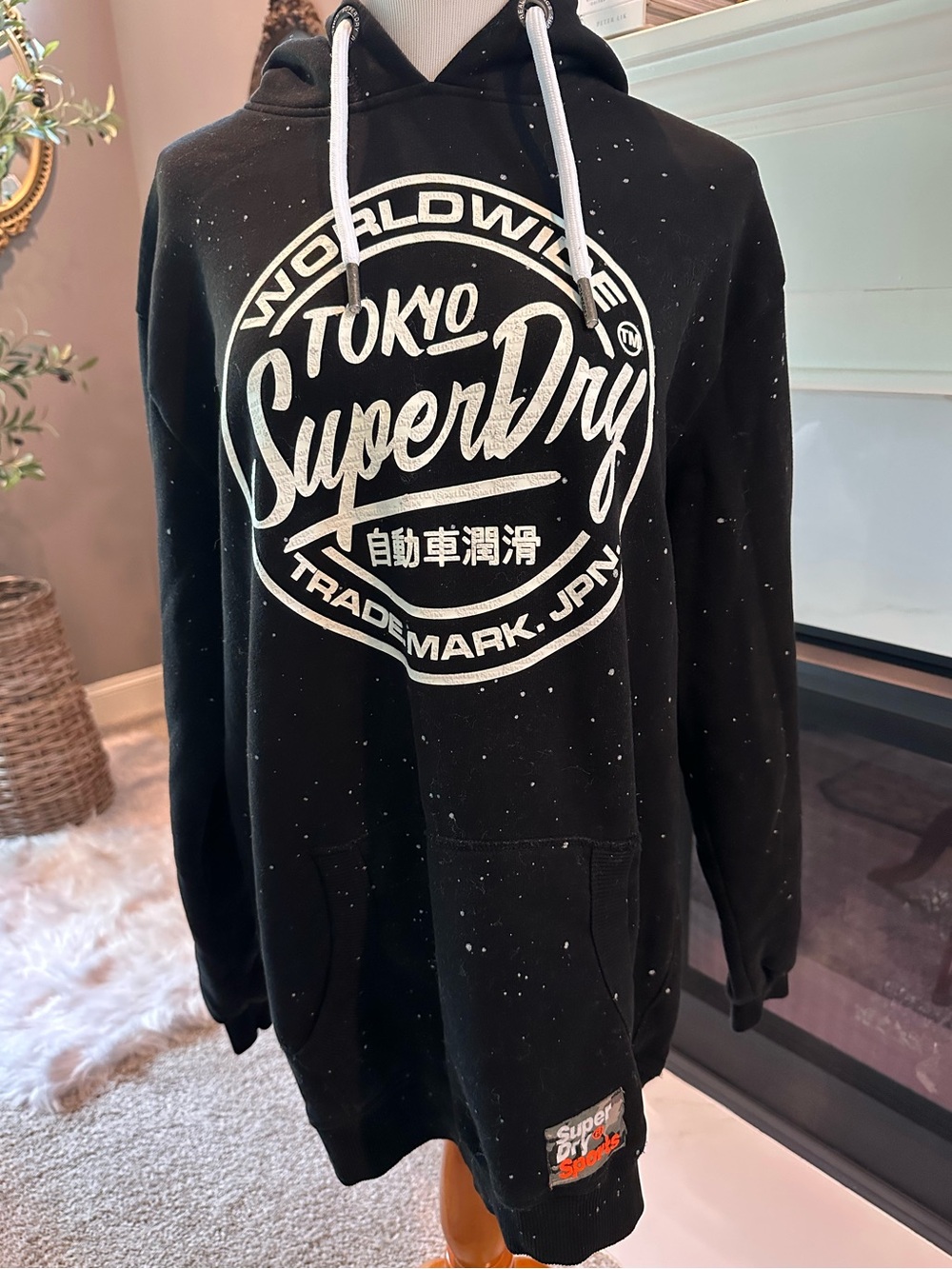 SuperDry Black Hoodie With White Vintage Lettering & Splatters